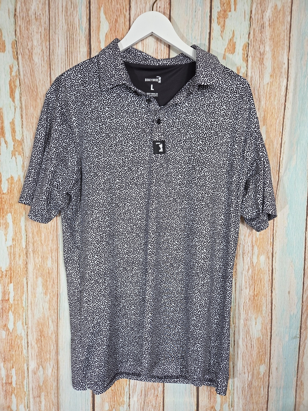 Bogey Bros Men's Short Sleeve Polo Shirt - Black/White Pattern. Size L